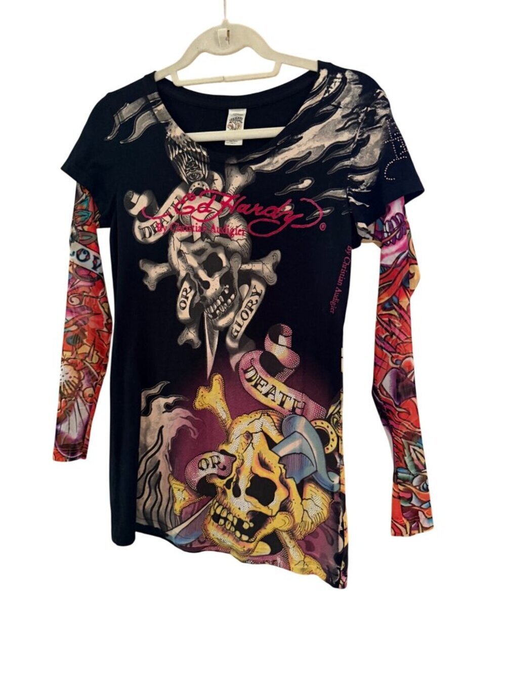 Ed Hardy Womens Long Sleeve Layered T Shirt Size S Black Crystal Embellished Y2K